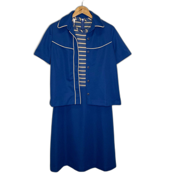 VTG 70's Womens 2 PC Sleevelss Dress A-Line Striped Bodice Solid Skirt Jacket - Picture 3 of 15